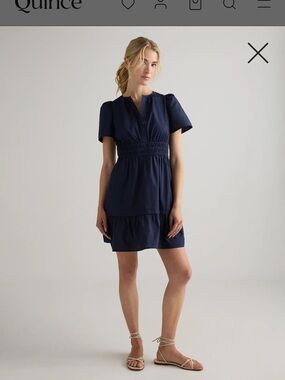 Quince Navy Short-Sleeve Smocked-Waist Mini Dress